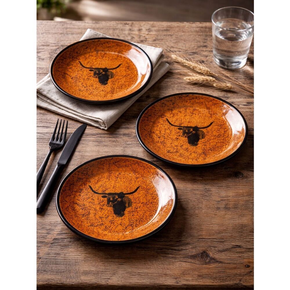 EUC World Stockyard Orange Speckled Plates Longhorn Steer Design Set of 3 Plates